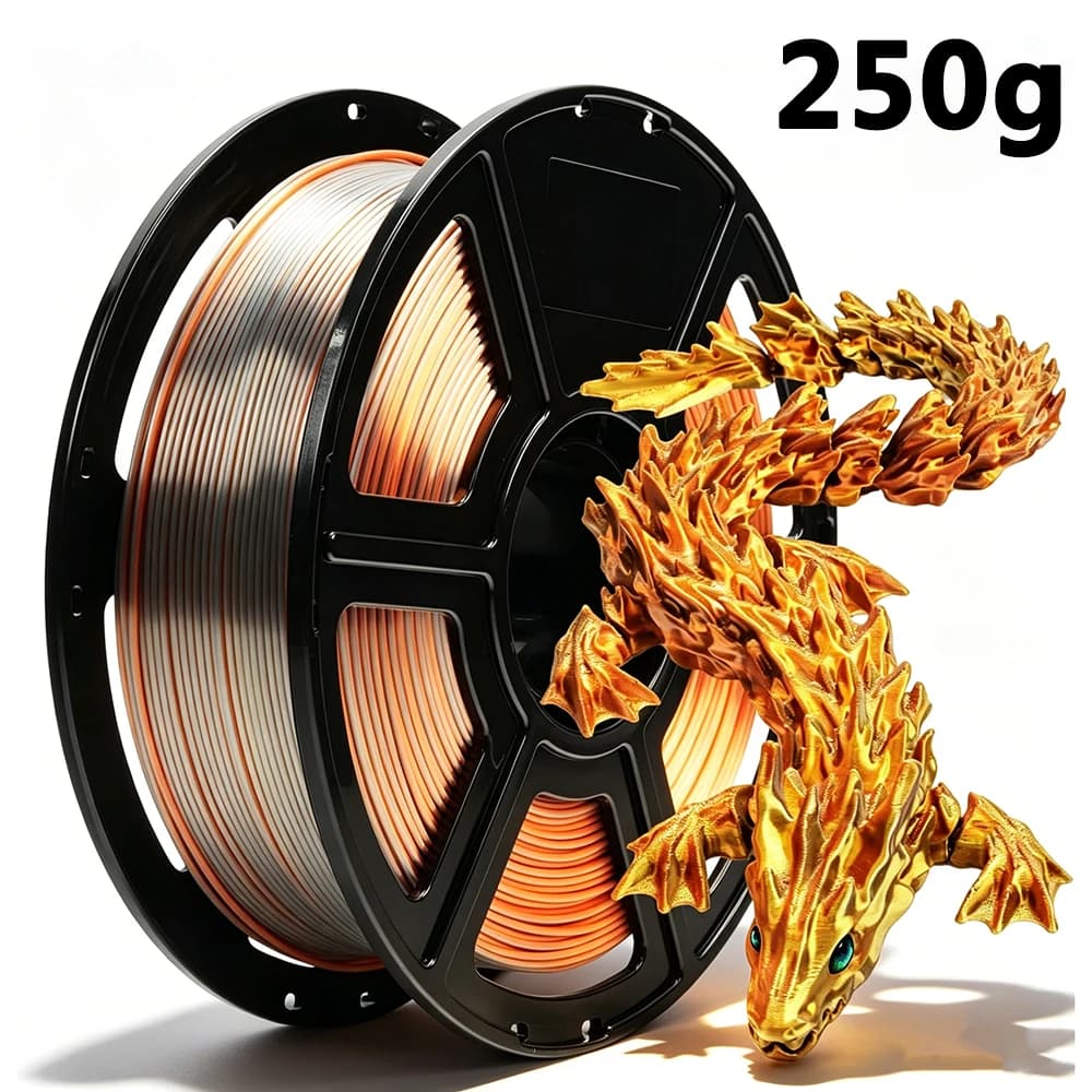 Silk Tri-Color Filament, Gold, Silver and Copper 3 in 1 Coextrusion Silk PLA Filament 1.75mm, 3D Printer Filament Color Change 250g Spool, Dimensional Accuracy +/- 0.02mm silk Gold Silver Copper Tri-Color Filament