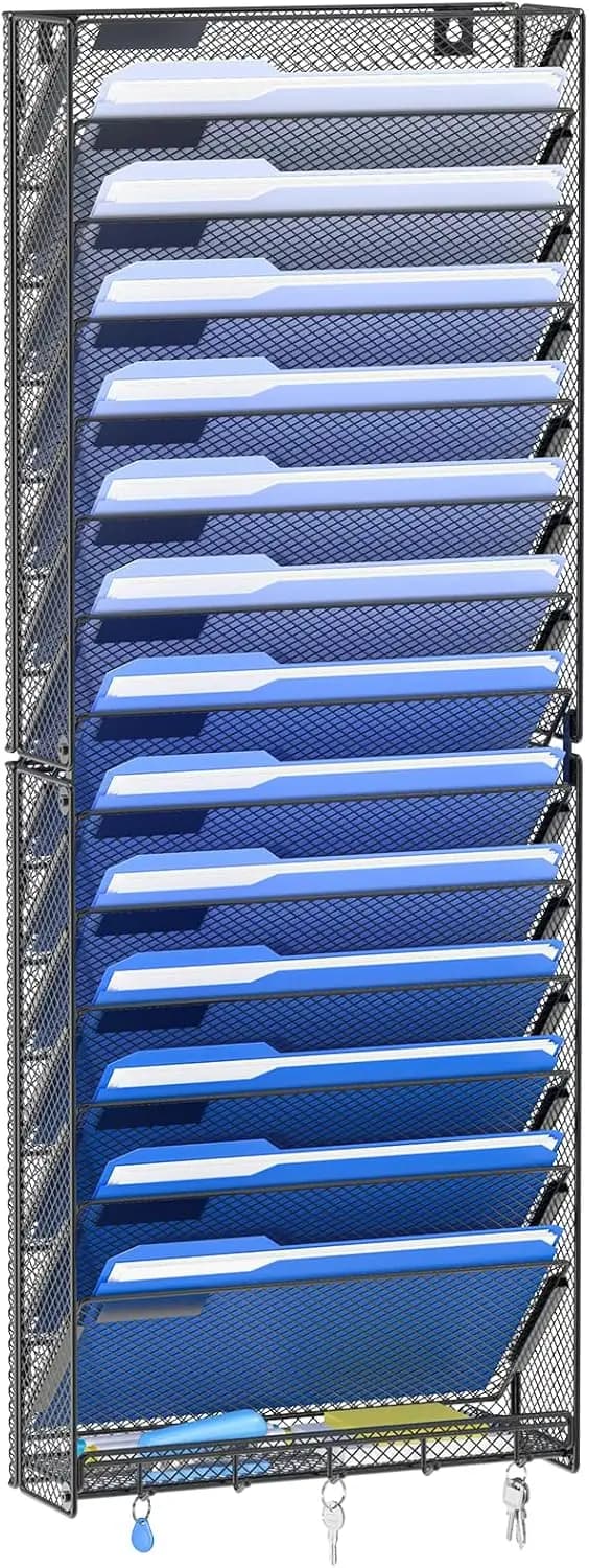 Organizzatore di file da parete a 15 livelli con ganci, porta cartelle di carta da appendere per l'organizzazione dell'ufficio e della casa