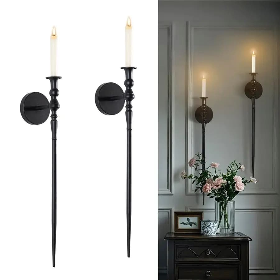 Set of 2 Wall Appliques in Candelabro, Large Black Metal Wall Candle Holder with Gothic Design at Scettro, House Wall Decoration