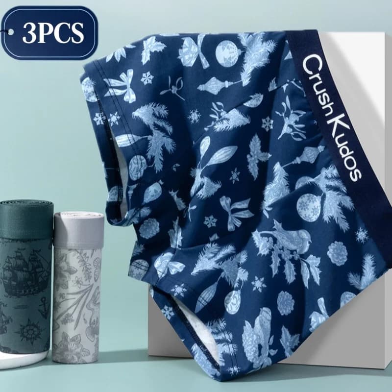 3Pcs Men's Trendy Printed Letter Boxer Briefs Comfortable Breathable Pure Cotton Underwear Male Mid Waist Underpants