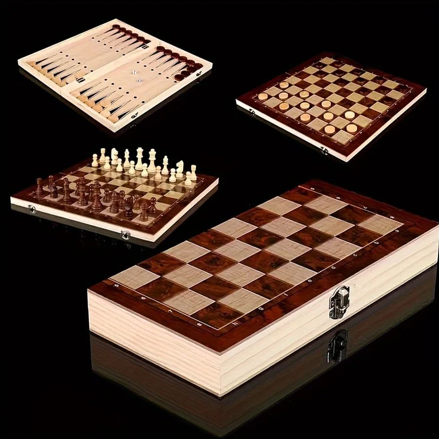 Set di Scacchi in Legno Tre-in-Uno 24CM/34CM, Gioco Strategico Educativo Portatile e Pieghevole per Intrattenimento