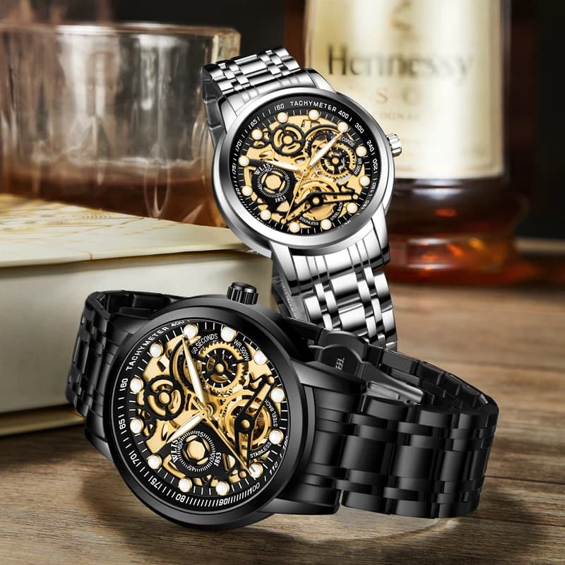 Orologio Meccanico Automatico di Lusso da Uomo con Cinturino in Acciaio, Orologio Scheletrato alla Moda, Orologio da Polso Automatico Maschile