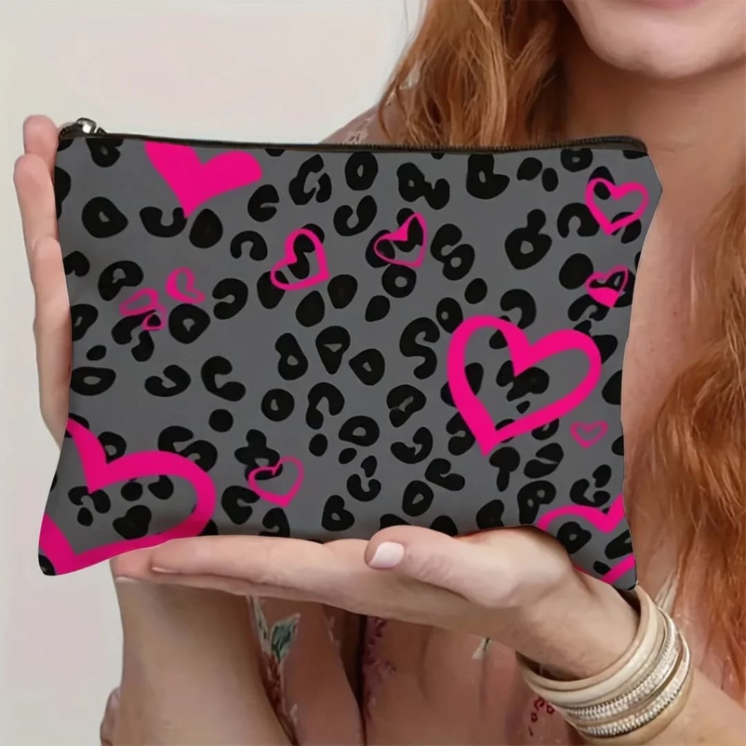 Borsa per il trucco con stampa leopardata e cuore rosa, organizer da viaggio portatile per articoli da toeletta, regalo alla moda per donne