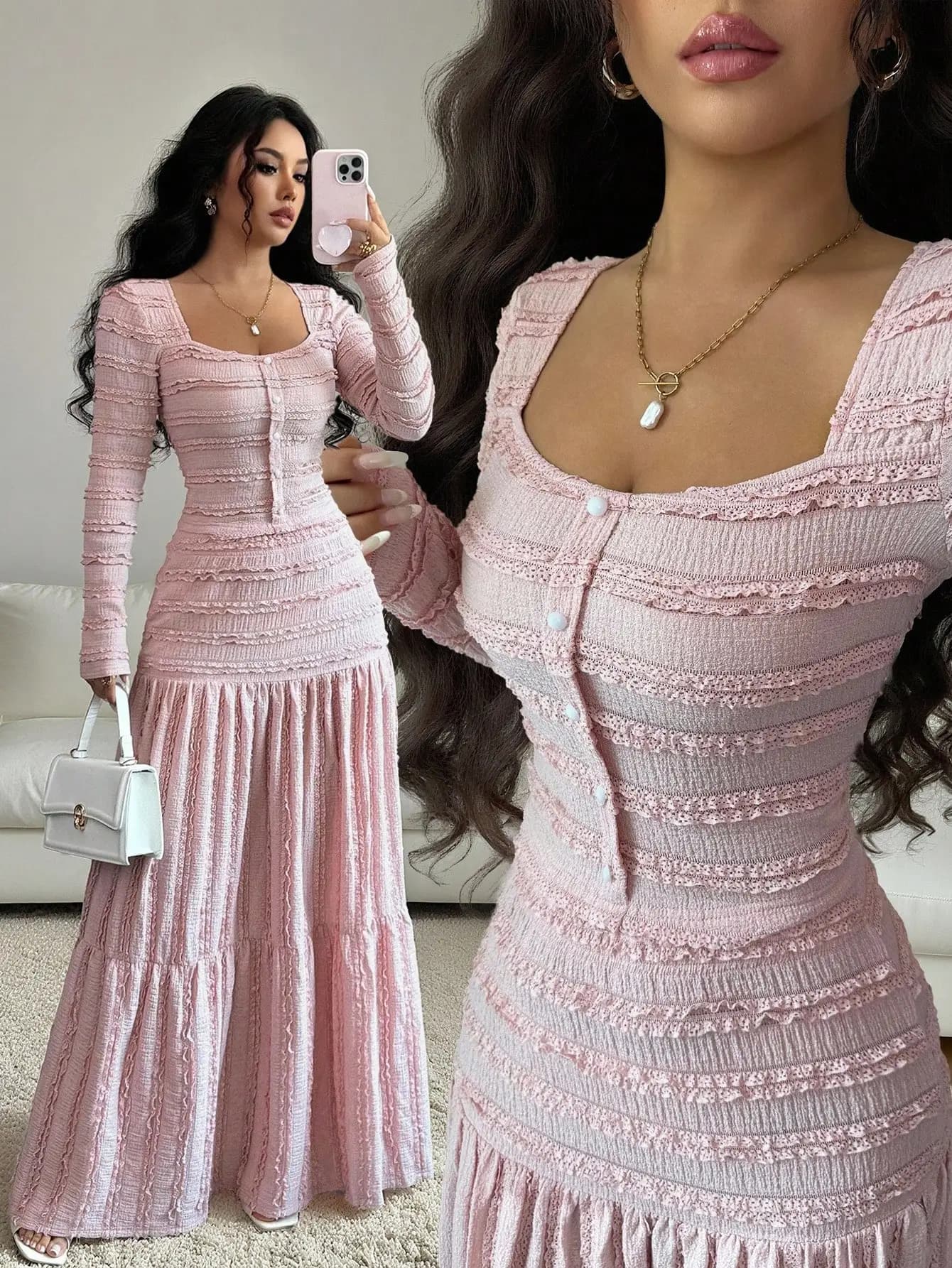 Set of Pink Long Dresses with Square Neck, Bottones and Edges in Texturized Lace