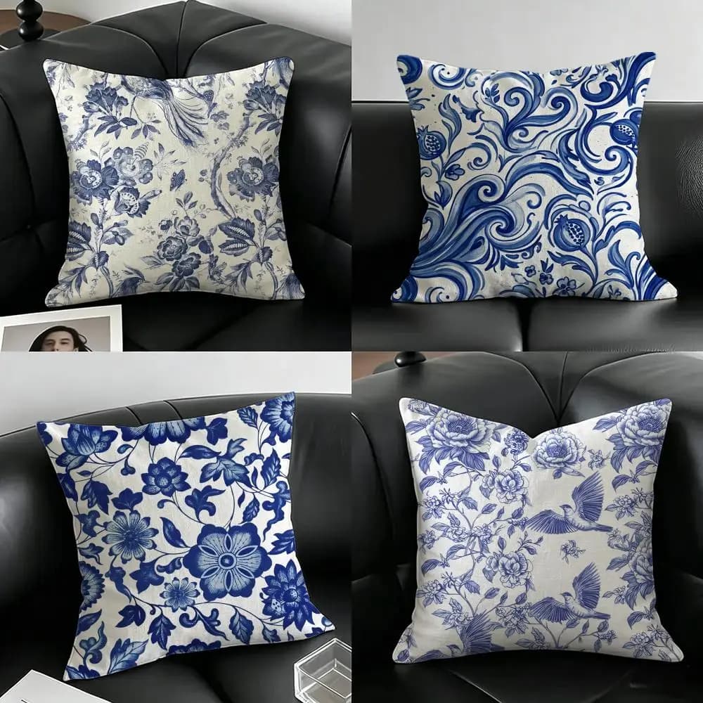 Artwork Blue and White Porcelain Series Cushion Cover Natural Linen Pillowcase Set, All-in-One Decor for Sofa, Bedroom & Chair