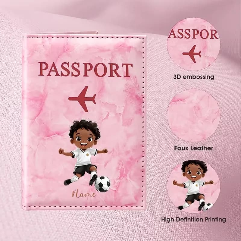 Personalized Name Vibrant Soccer Boy Illustration Design PU Passport Holder, Featuring a Design Combining a Male Soccer Playe