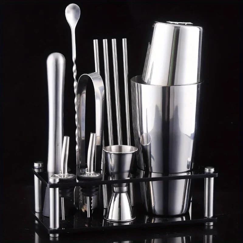 Set professionale per cocktail shaker in acciaio inossidabile con supporto - Kit completo da barista che include Jigger, Muddler