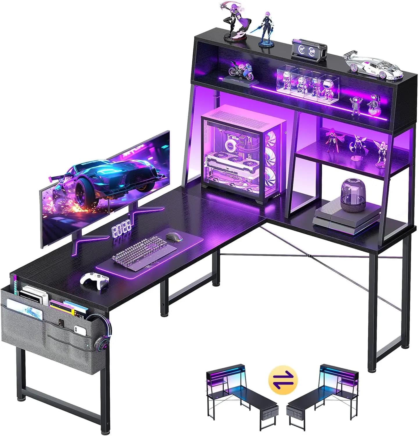 Scrivania da Gaming a L con Luci LED, Scrivania per Computer Reversibile da 51 Pollici con Ripiani per Monitor e Borsa Portaoggetti