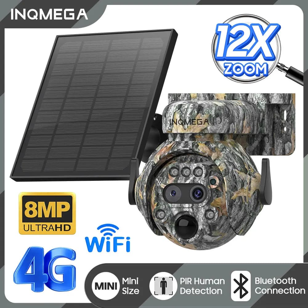 INQMEGA 8MP Solar Powered Camera 4K 4G / WIFI Solar Camera Solar Panel Security PIR Human Detection Cam in Forest