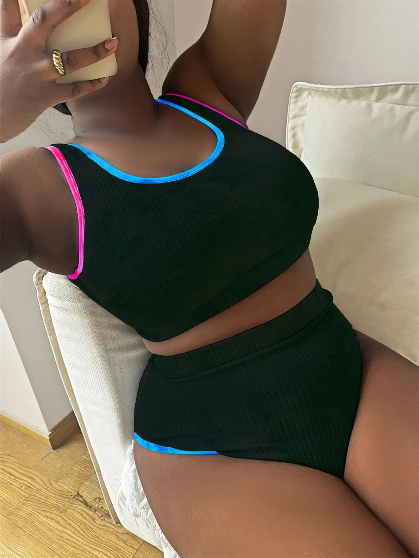 Women's patchwork swimsuit size 3XL, sexy, without back, high waist, textured bikini, women's beach set for vacation