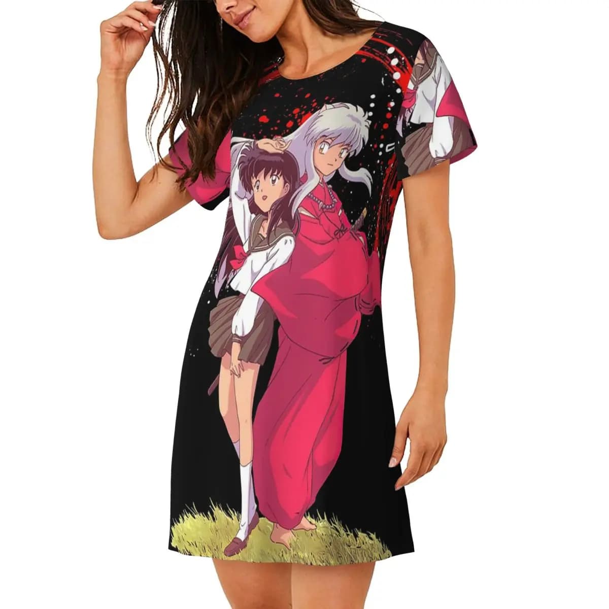Custom Anime Inuyasha Kagome Higurashi Short Sleeves Nightdress For Sleepshirts Women Short Sleeve Nightgowns Soft Pajama Dress