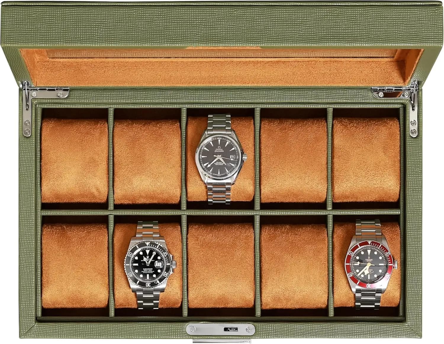 Scatola Porta Orologi in Pelle a 10 Scomparti con Coperchio in Vetro, Espositore con Chiusura per Uomo e Donna, Verde e Marrone