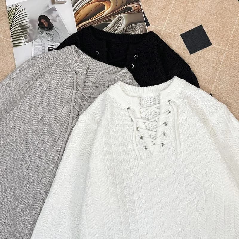 Maglione Trendy a Maniche Lunghe da Uomo, Maglia Base a V con Laccio, Tinta Unita, Lavorazione a Maglia Fine, Moda Invernale Casual