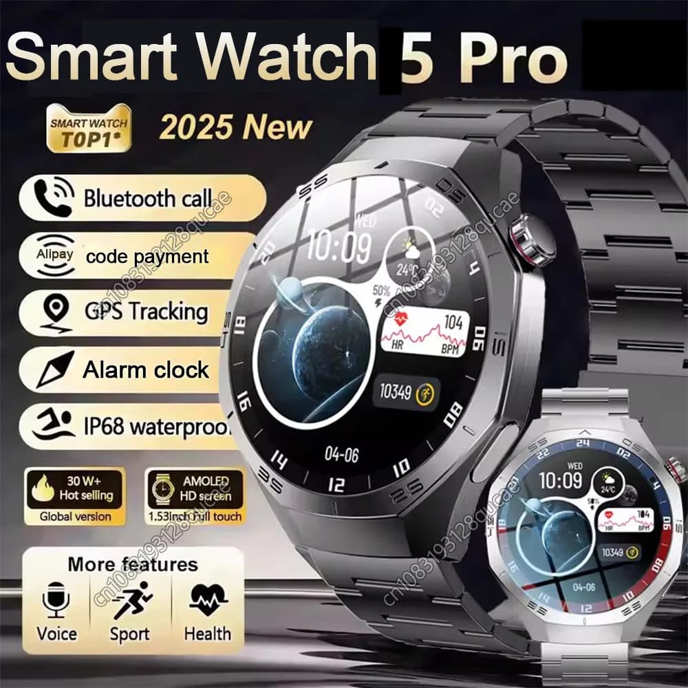 2025 New Fashion Watch 5 Pro GPS NFC Smart Watches Men 1.5 AMOLED Health Monitor IP68 Calls Bluetooth Waterproof Smart Bracelet