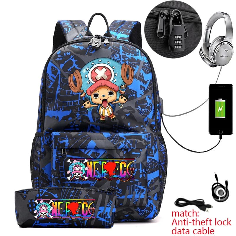 One Piece Tony Chopper Print Anti Theft Student Backpack with Pencil Case Casual Daypack for Boys Girls Teens