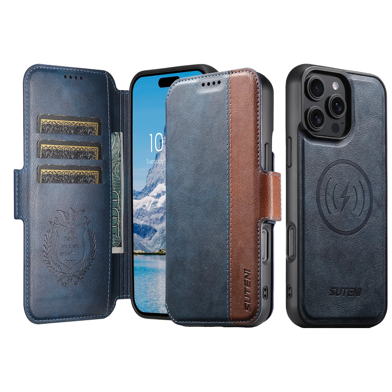 Custodia per telefono con porta carte di ricarica wireless in ecopelle Portafoglio con vibrazione magnetica per iPhone 17 Pro Max 16 Plus 15 14 13 12