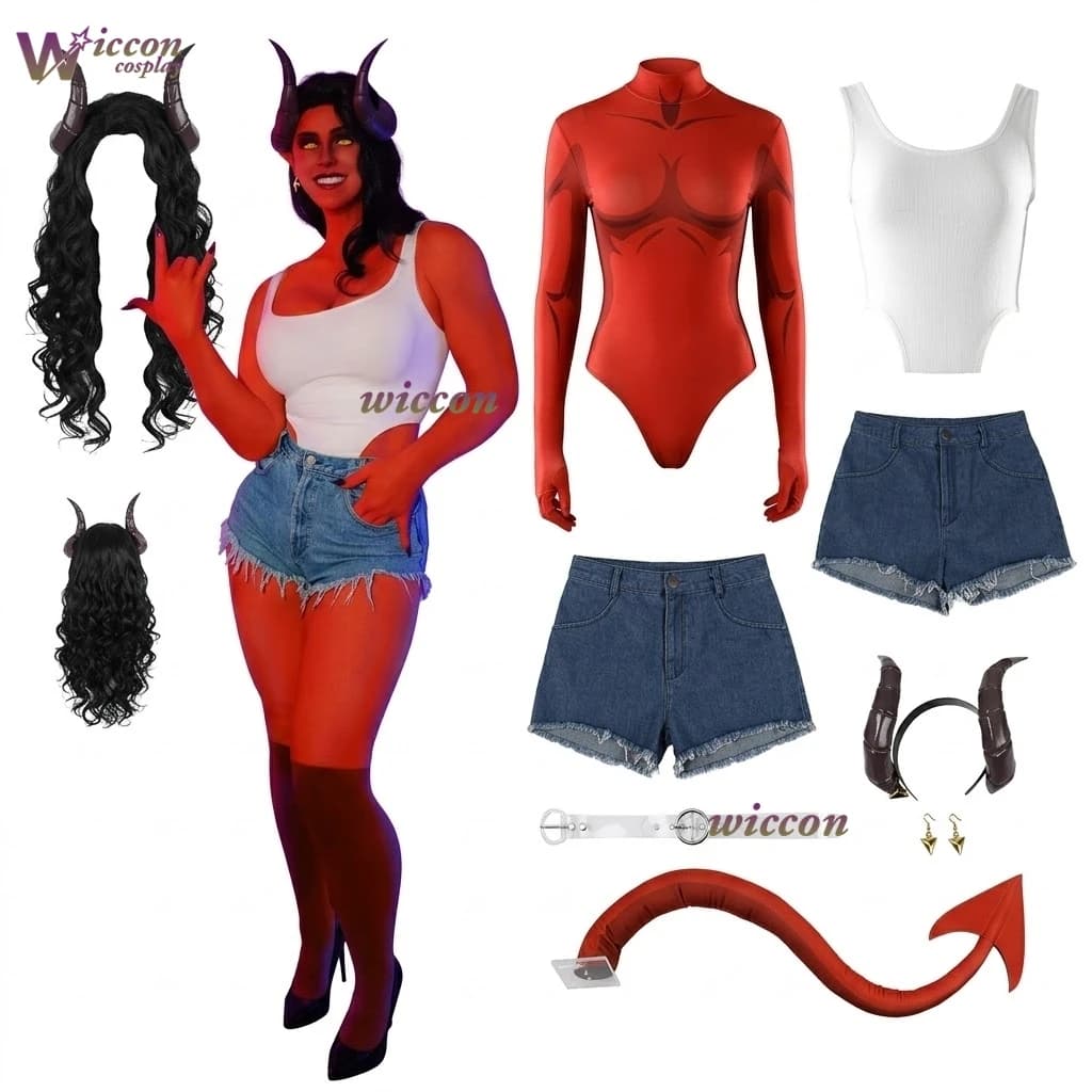 Costume Cosplay Malevola di Diablo: Vestito Bianco, Pantaloncini in Denim, Abiti, Tuta, Uniforme, Set Completo per Halloween