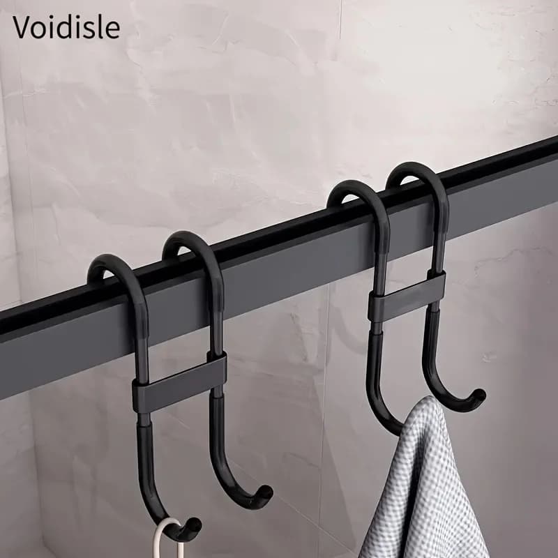 Double S J-Shaped Over Rod Hooks, No Drill Slide-On Towel Bar Hooks, Black Plastic Double Hook Organizer for Bathroom Shower Rail Kitchen Cabinet Rod Wholesale