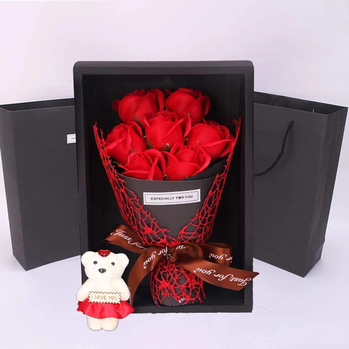 1 Pezzo Bouquet di Sapone Artigianale con 7 Rose e Orsacchiotto in Confezione Regalo, Idea Creativa per San Valentino, Festa della Mamma, Compleanno, Regali Floreali