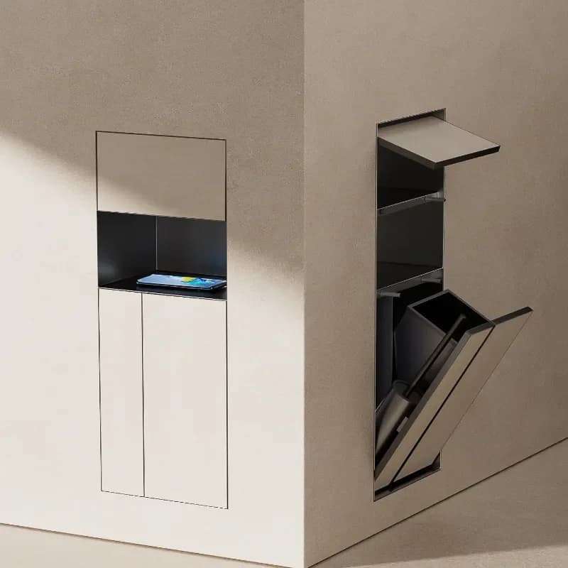 Cestino per WC in Acciaio Inox con Porta Carta Igienica Integrato e Armadietto Porta Spazzola per WC da Incasso a Parete