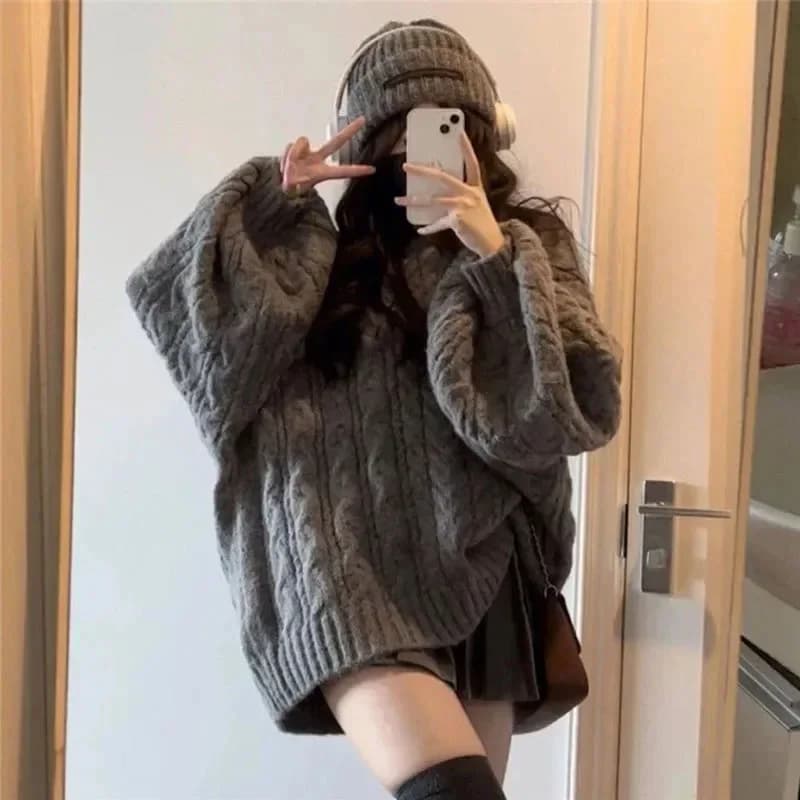 Fanan Maglione invernale da donna Harajuku Pullover lavorato a maglia oversize Coreano Manica lunga con scollo a V Maglieria Preppy Solid Maglione allentato