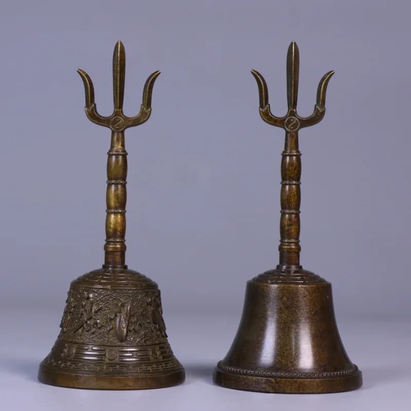 Antique Collectible Tibetan Buddhist Taoist Pure Brass Trident Bell Auspicious Eight Treasures Eight Immortals Bell Temple