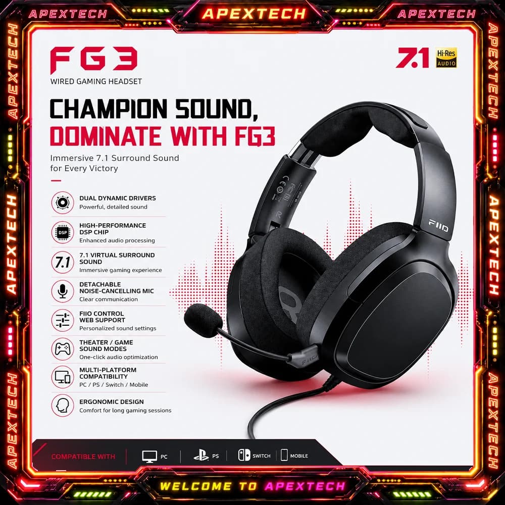 FiiO FG3 Wired Gaming Headset 50mm+16mm Dual Dynamic Drivers Virtual 7.1 Surround ENC Mic USB/3.5mm Dual Input Multi-Platform