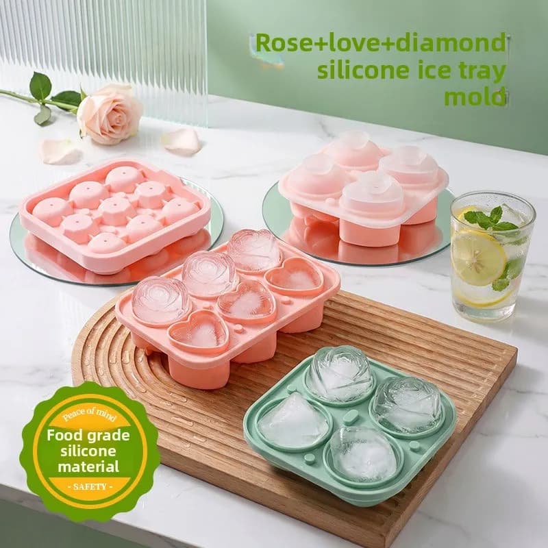 Stampo in silicone a forma di rosa per ghiaccio, stampo per ghiaccio a forma di cuore e diamante, stampo per ghiaccio fatto in casa, accessorio per la preparazione di cubetti di ghiaccio.