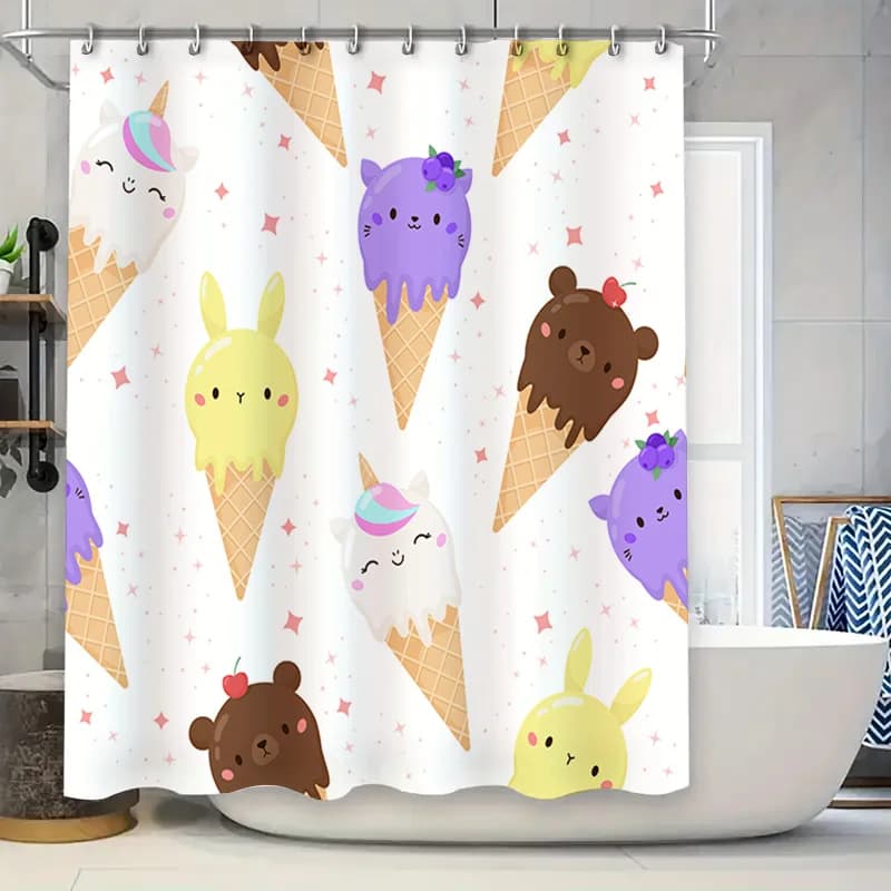 Tenda da doccia con motivo a cono gelato, design animale dei cartoni animati, decorazione per il bagno in poliestere, viola giallo rosa bianco rosso blu verde Bla