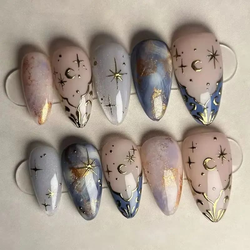 24 pieces set of short nails to almond cover complete star moon wave french glitter print on fake nails with gelatinous nail art detachable