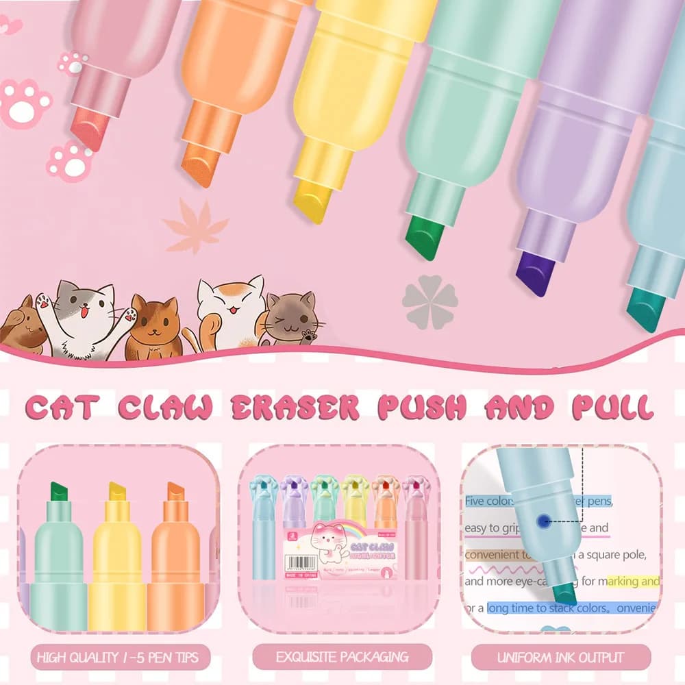 6 Colors Highlighters Cute Cat Paw Shape Oblique Tip For Painting Graffiti Children Gift Art Office Stationery School Supplies