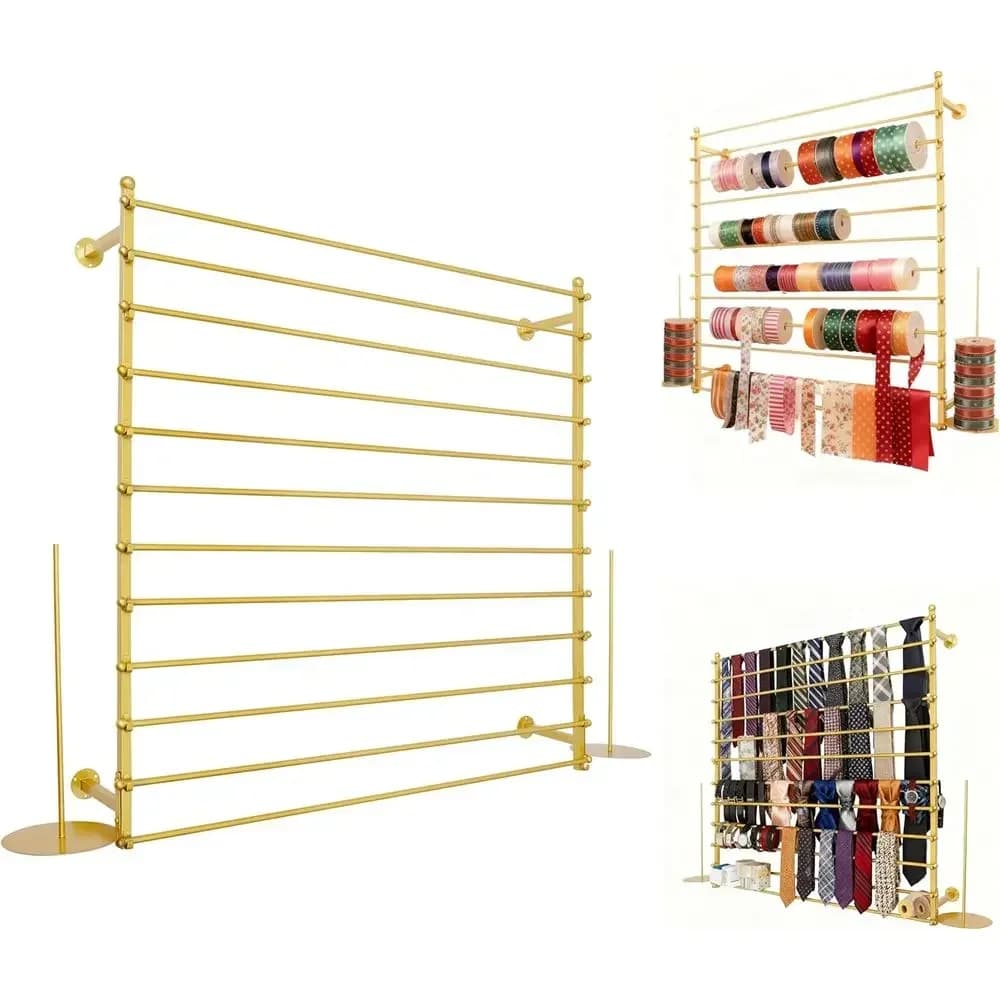 Espositore da Parete a 12 Livelli, 120cm, Dorato, per Esporre Materiali da Imballaggio, Nastri, Sciarpe, Cinture, Asciugamani e Accessori per Cucito