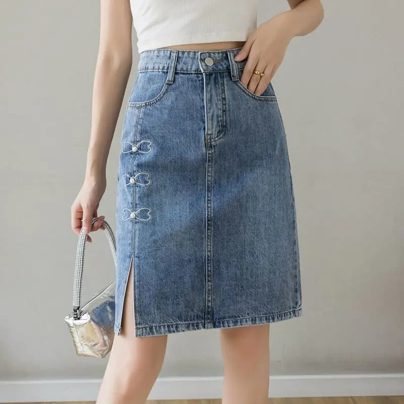 Jeans Skirts For Women Blue To Knees Length With Slit High Waist Woman Denim Skirt Cheap Quality Streetwear Luxury Elegant Chic