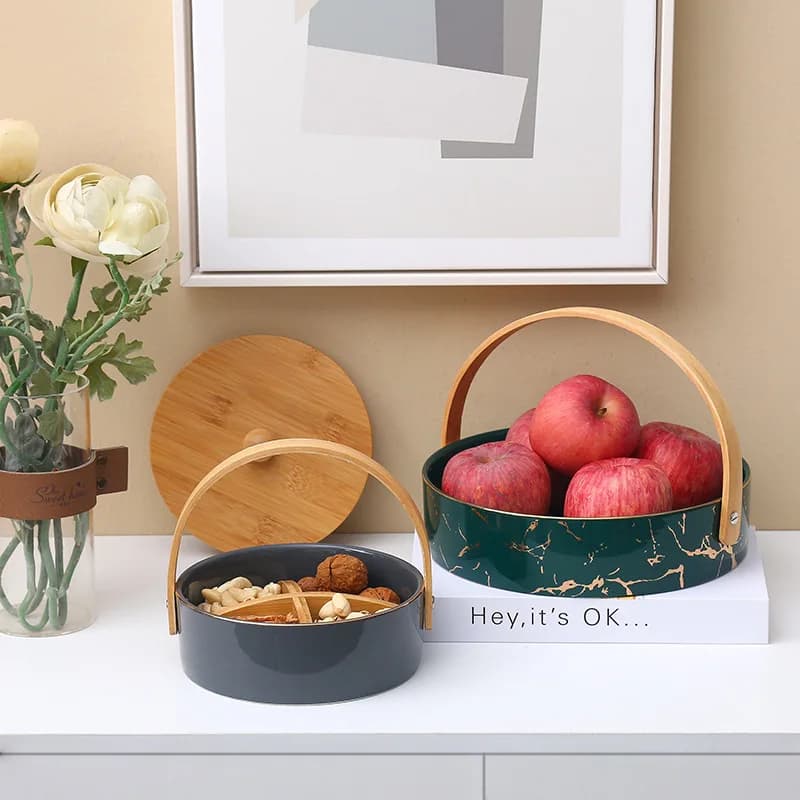 Vassoio per frutta diviso portatile in ceramica Vassoio creativo per frutta secca Dim Sum Contenitore per snack per caramelle Piatto per noci