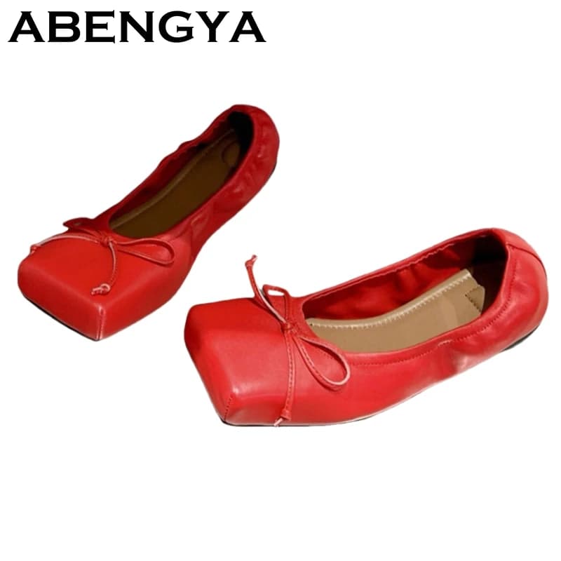 2025 Summer Square Toe Ballet Flat Shoes Women Real Leather Bowknot Lazy Flat Loafers Comfort Walking Single Shoes Zapatos Mujer
