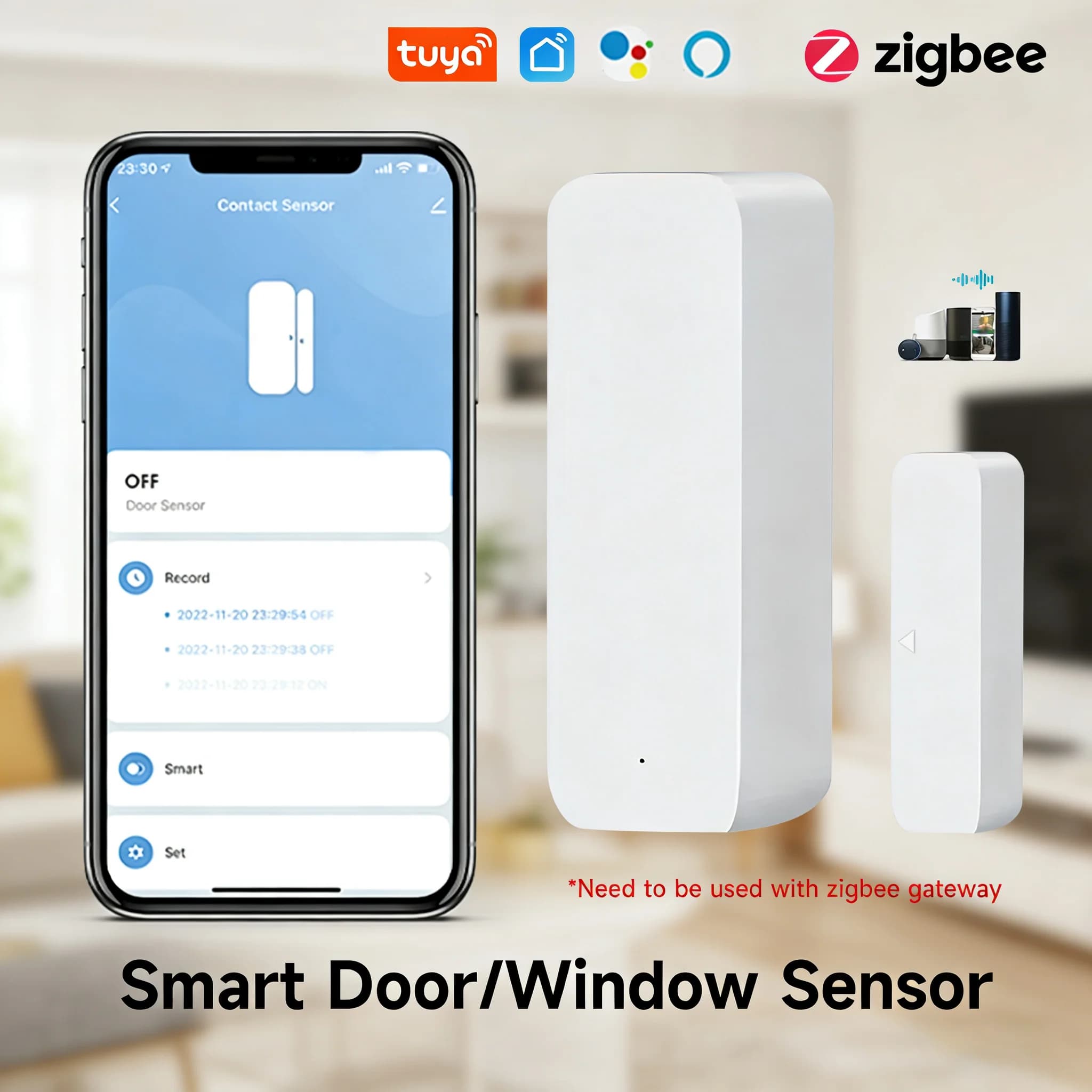 Sensore per Porte e Finestre Tuya Zigbee, Allarme Antifurto Smart Life, Sensore di Contatto Magnetico, Compatibile con Alexa Google Zigbee 2MQTT