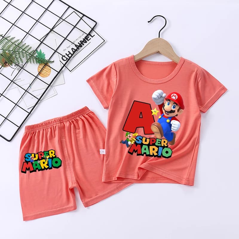 Pigiama Super Mario per Bambini e Bambine, Set con Stampa Cartoon e Lettere, Maniche Corte e Pantaloncini, Abbigliamento da Casa Carino, Regalo