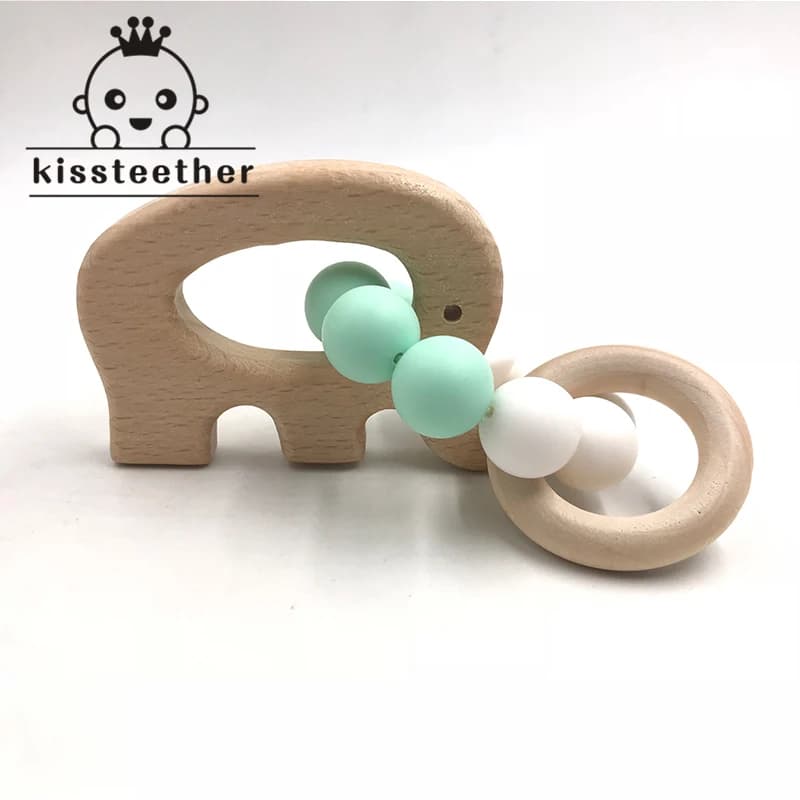 Kissteethe Bracciale in legno per bambini Gioielli a forma di animale Dentizione per legno organico Perline in silicone Sonaglio Accessori per passeggino Giocattoli
