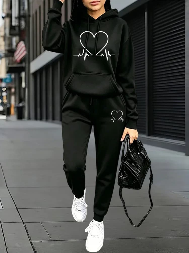 2026 New Arrival Women's Tracksuit Hoodie and Sweatpants Heart Printed Hooded Outfit Fall Winter Daily Casual Sports Jogger Suit