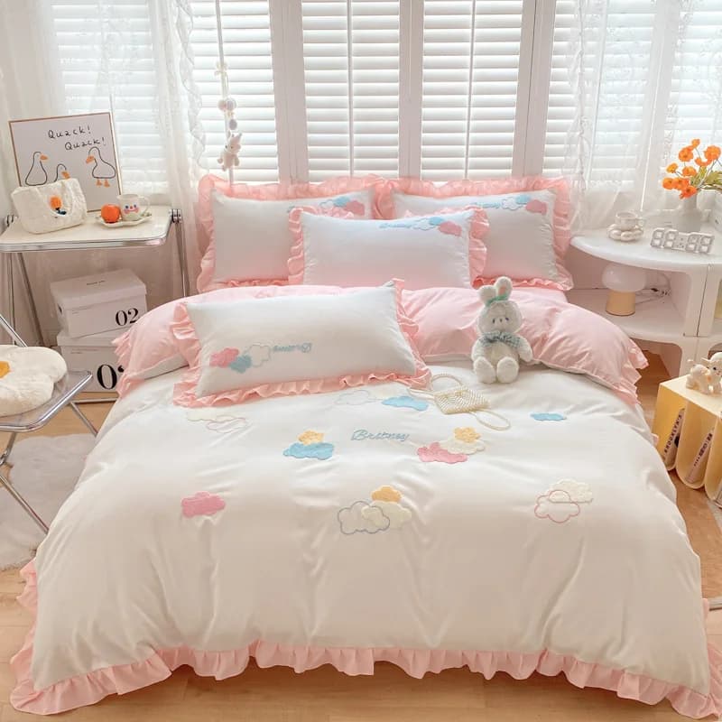 Set biancheria da letto con nuvole colorate copripiumino con volant in stile principessa con chiusura a cerniera copripiumino per decorazioni per la casa delle donne delle ragazze