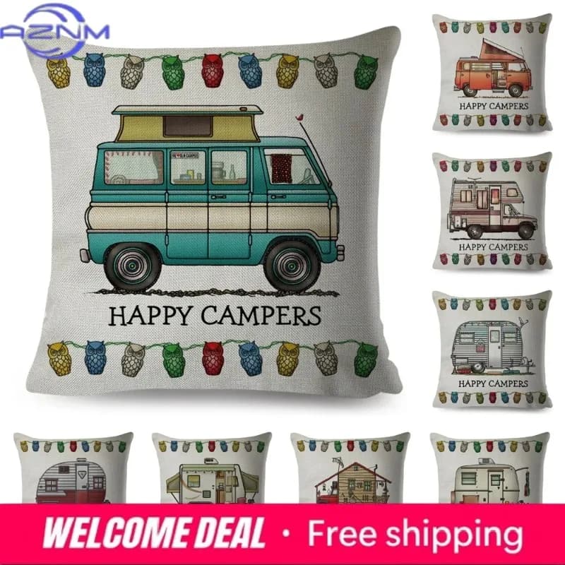 Federa per cuscino Happy Camper, decorazione con stampa di auto da viaggio, per divano, casa, cameretta dei bambini, copricuscino in poliestere 45x45 cm