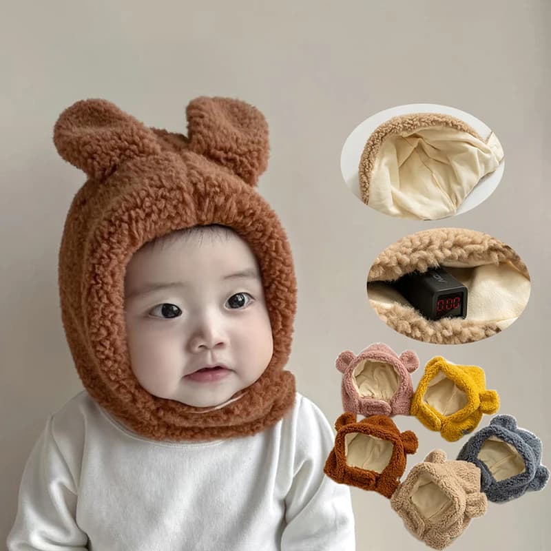 Baby Bear Plush Ear Protection Winter Hat Warm Baby Copricapo Hood Addens Lamb Children Ear Guard Cap Beanie 3-24 Months