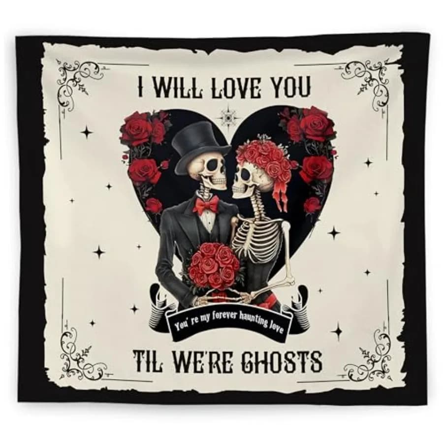 Dark Romance Gothic Skeleton Tapestry Wall Hanging, Mystical Gothic Floral Wedding Couples Wall Blanket Decor for Bedroom Livin