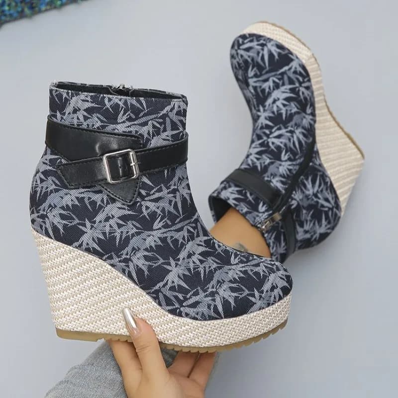 Women's Wedge Ankle Boots Round Toe High Heel Printed Fabric Upper Woven-Look Base Side Zipper Ankle Strap Stable Daily Footwear