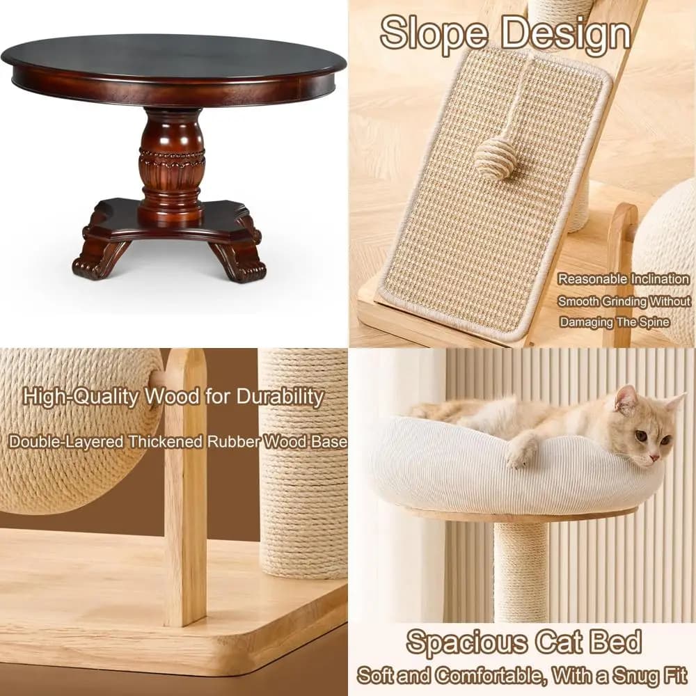torre per gatti contemporanea in legno a 3 livelli con palline in corda di sisal, rampa, tiragraffi, letto e capsula spaziale