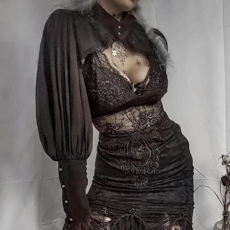 Gotico Lanterna Manica Grembiule High Street Nero Sexy Inverno Manica Lunga Crop Top Estetico Fata Blusas Mujer De Moda 2022