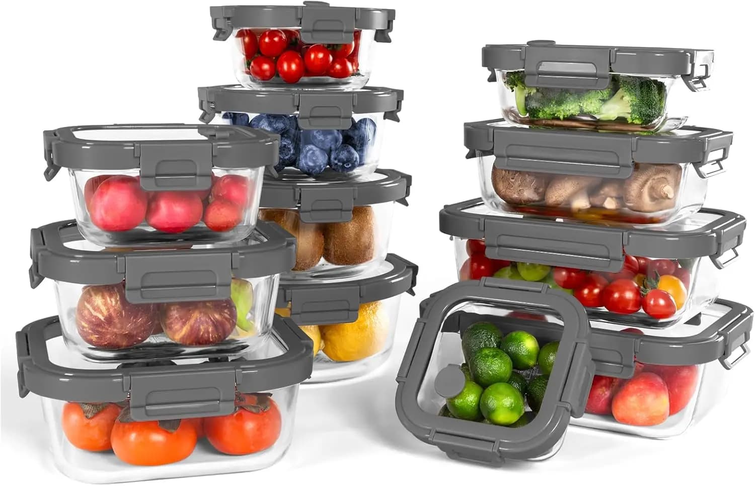 Set di 12 Contenitori in Vetro per Alimenti con Coperchi Temperati, Adatti al Forno, Ermetici, Senza BPA, Lavabili in Lavastoviglie per Preparazione Pasti