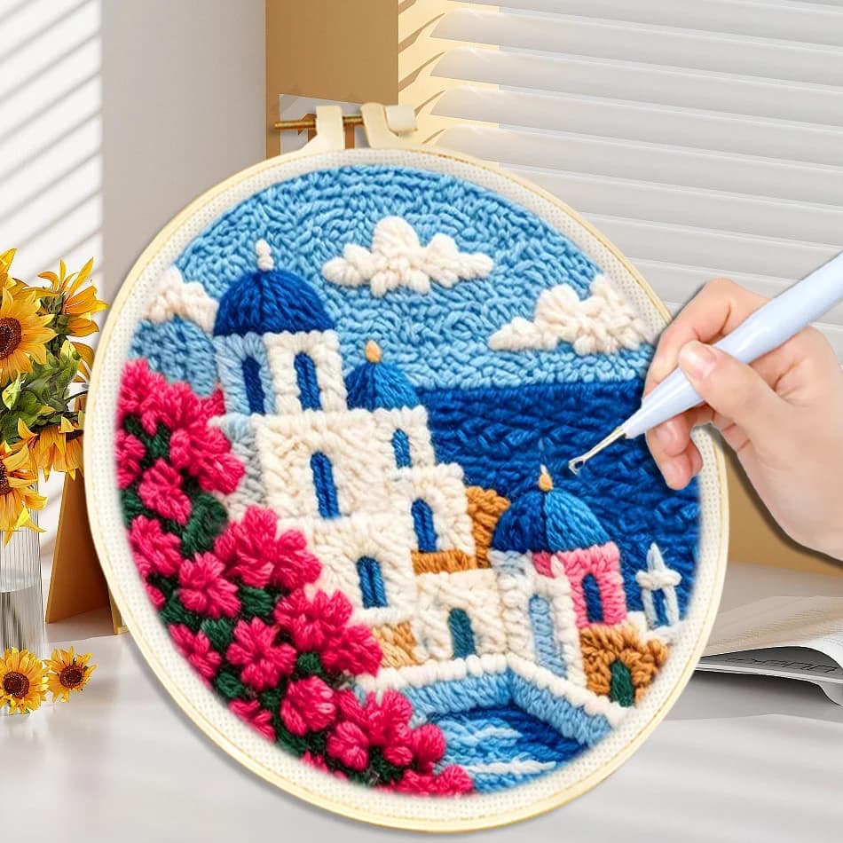 20x20cm Sea View Punch Needle Embroidery Kit DIY Wool Rug Hooking Set Punch Needle Kits For Beginners Craft Gift Home Decor