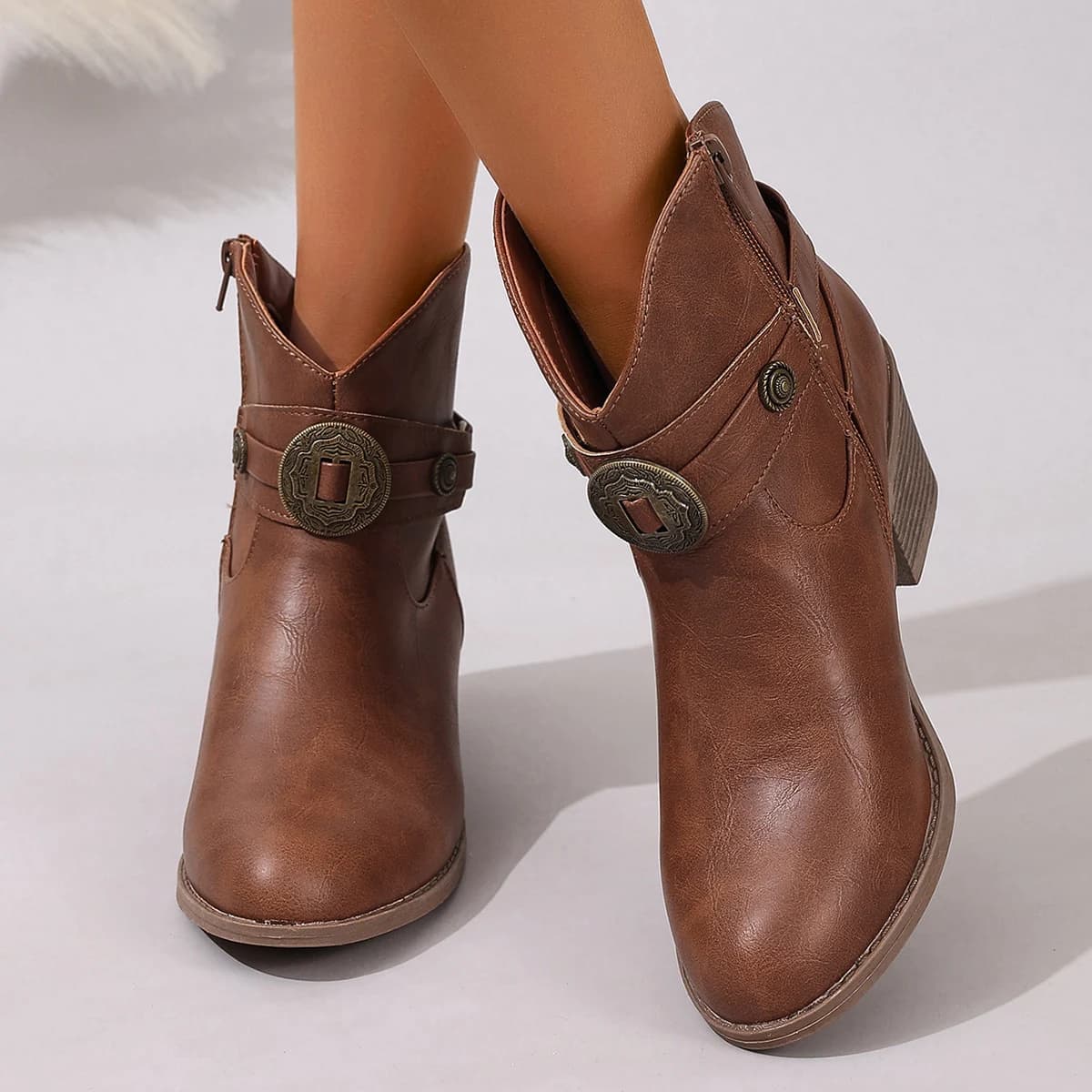 Buckle strap round copper cake buckle side zipper round head fashionable comfortable versatile commuting ladies bare boots