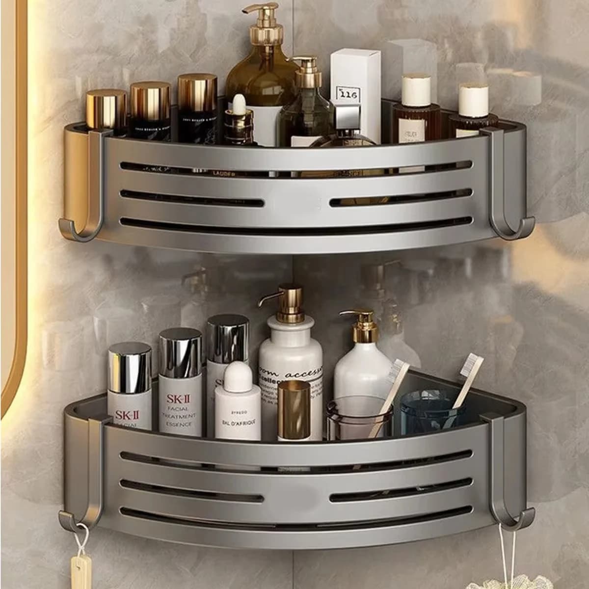 1-2PCS shower corner rack, gray with hook towel bar, no drilling space, aluminum shower storage rack, bathroom storage rack